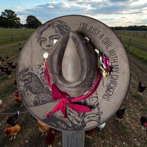 Handmade Chicken Lover Hat Flat Brim Vegan Suede Burned Engraved Boho